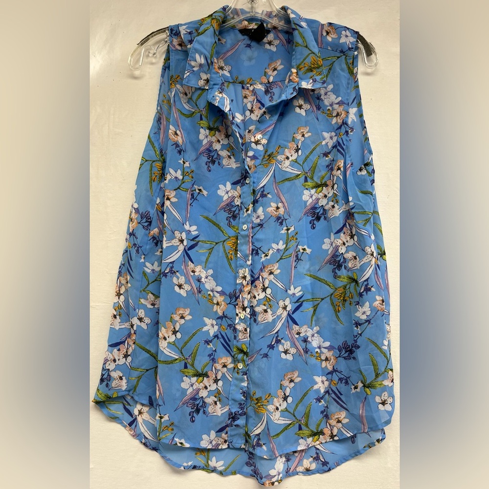 Romantic Summertime Blue Floral Buttondown Sleeveless Top. Sz 14, Feminine